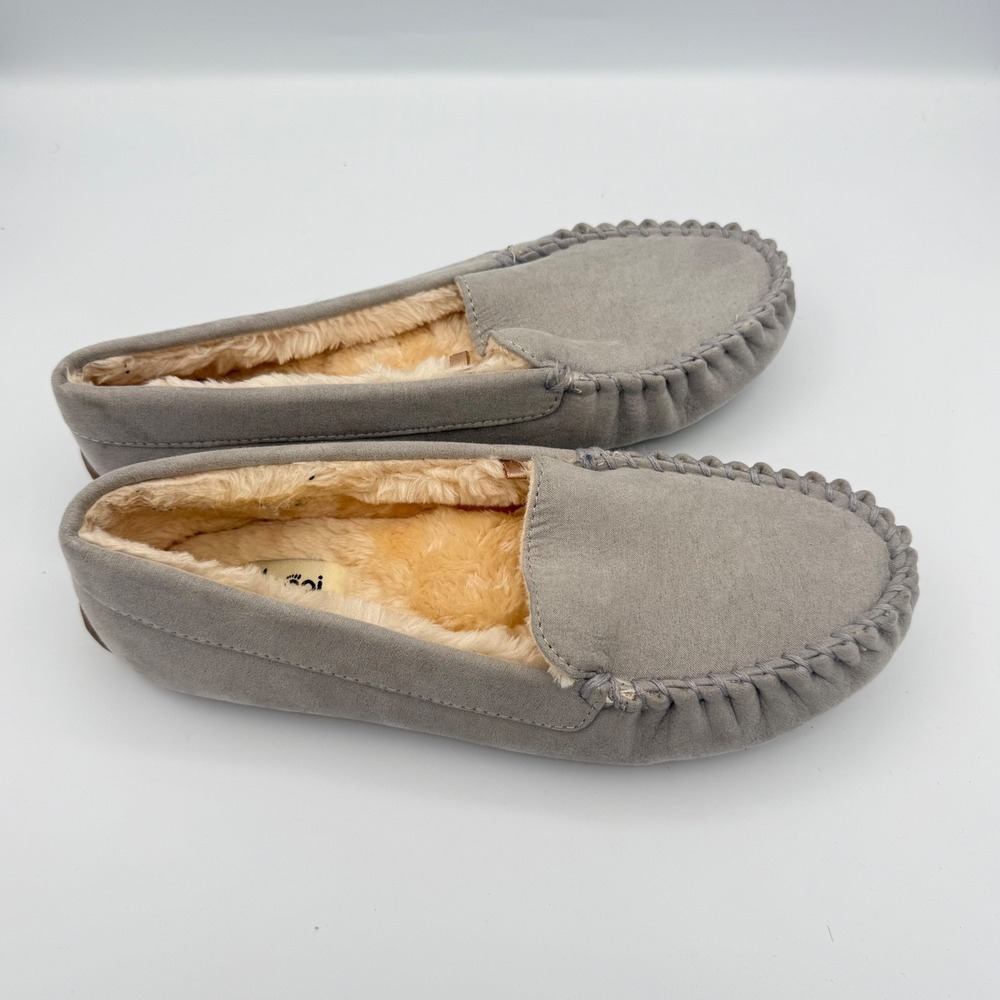 Floopi Moccasin Slipper Womens 10 Grey Faux Fur‎ Lined Micro Suede House Shoes - Picture 6 of 9